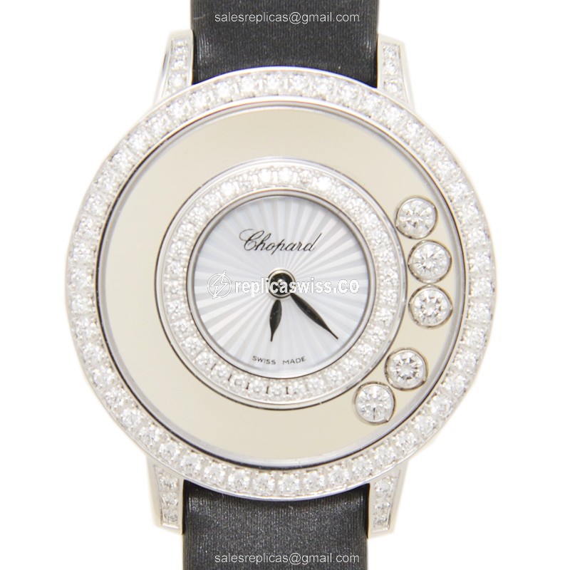 Chopard 209410-1001 Replica - Quartz - 18kt White Gold - Diamond Skull - Black Leather Strap - Luxury Replica HAPPY DIAMONDS Watch